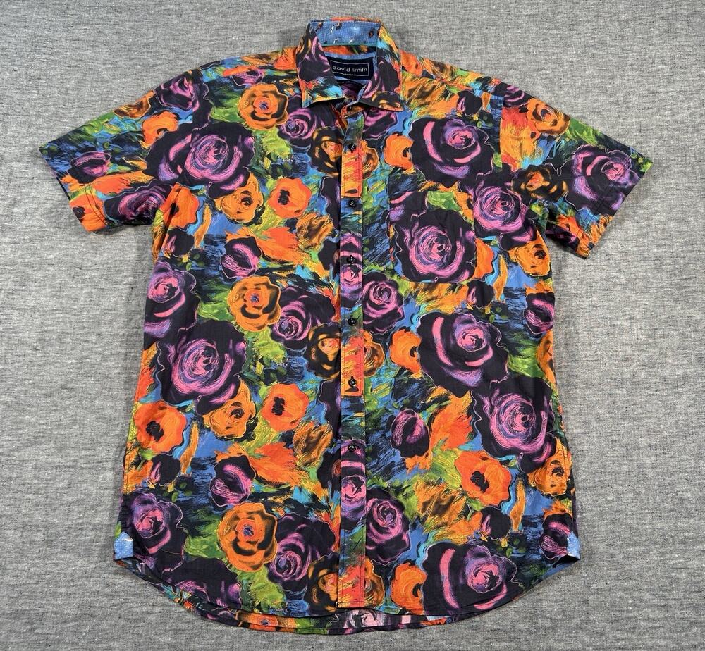 David Smith Shirt Mens Medium Colorful Roses Flowers Floral Bold Vibrant Beach